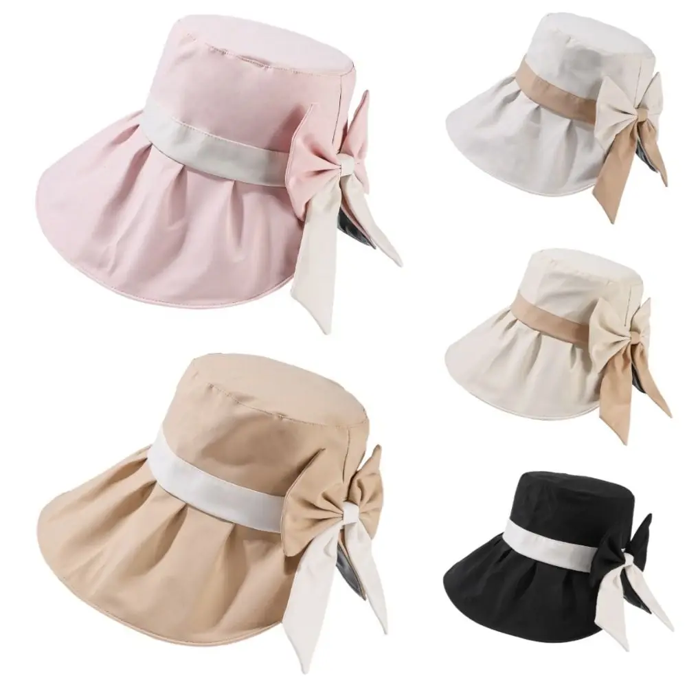 Chapéu de pescador com laço elegante, dobrável, proteção UV, verão, aba larga, estilo coreano, leve, praia, balde, viagem