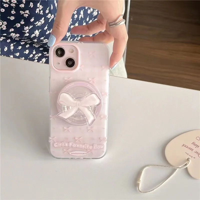 Magnetic pink bow phone case with holder For iPhone 11 12 13 14 15 16 pro max