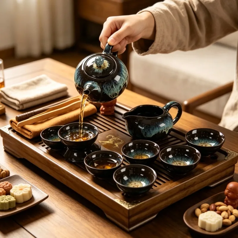 Flowing Sand Golden Kiln Transformation Kung Fu Tea Set Solid Wood Tea Tray Automatic Ice Crack Teapot Set Chinese Tea Ceremony