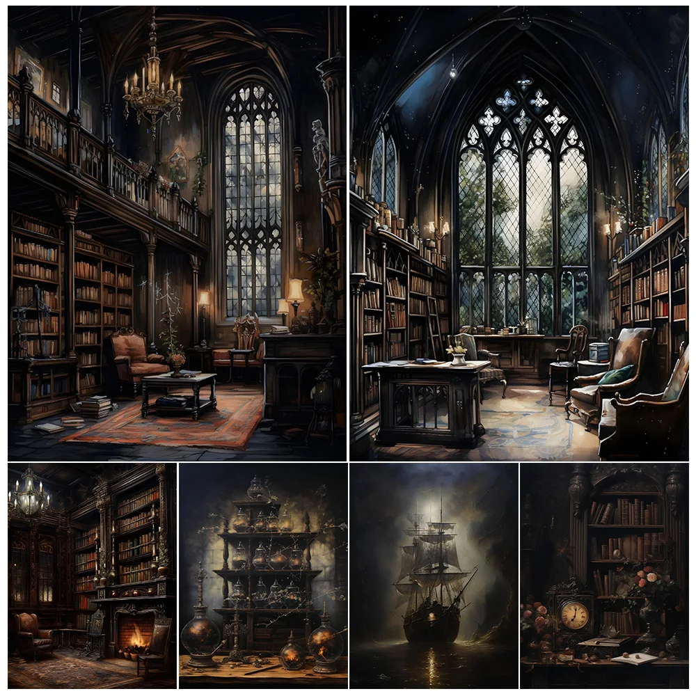 Gothic Old Library,Witch Aesthetic Vintage Wall Art Canvas Painting,Gothic Victorian Reading Gifts,Art Poster Print,Home Decor