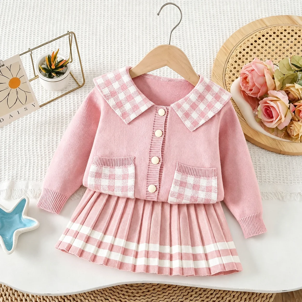 Autumn/Winter Korean Plaid Lapel Single Breasted Cardigan+striped Pleated Skirt Two-piece Set for Girls' Knitted Clothing
