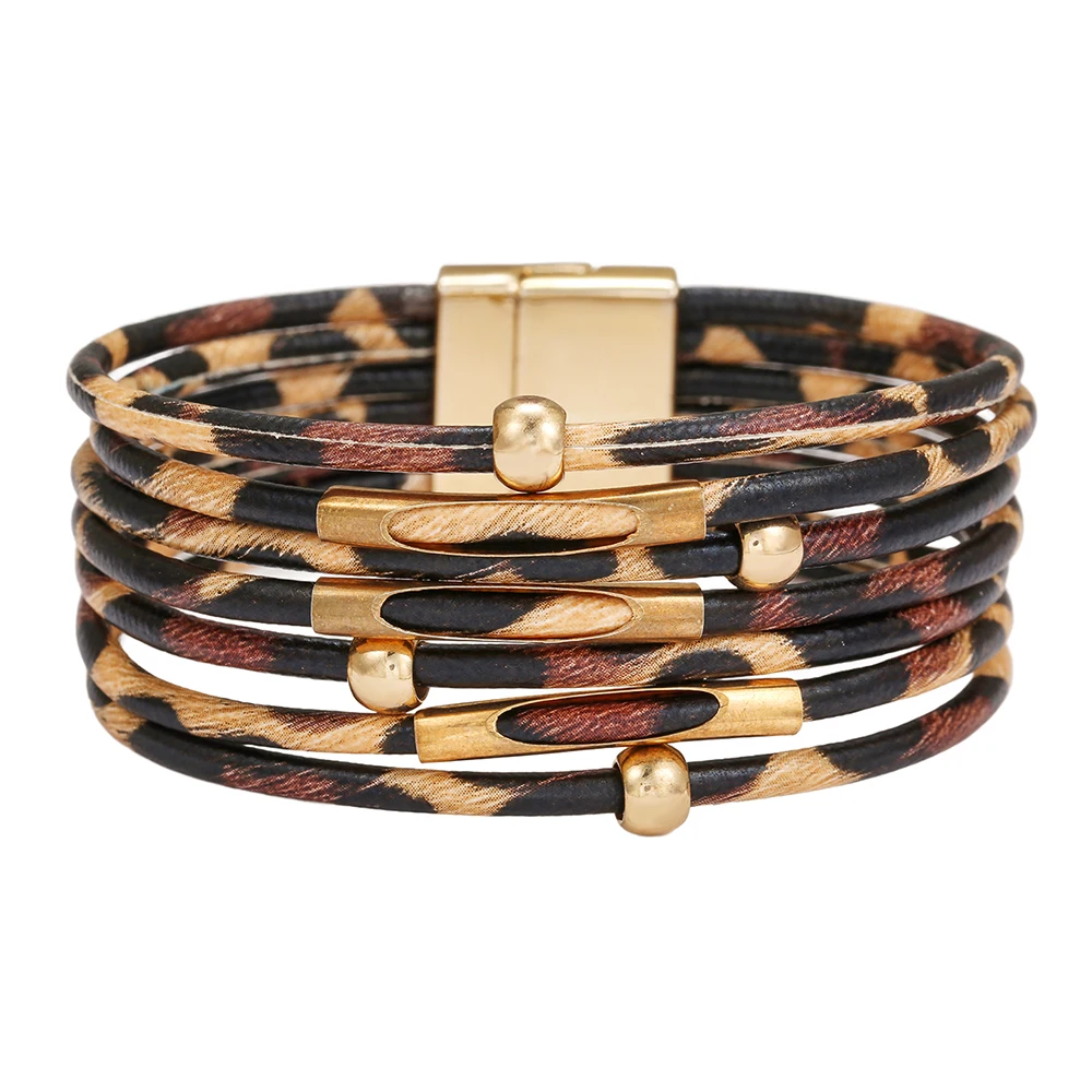 

Fashion Leopard Print Multi-Layered Aid Magnet Bracelet For Women Sexy Leather Wrap Wide Bracelet& Bangles Statement Jewelry