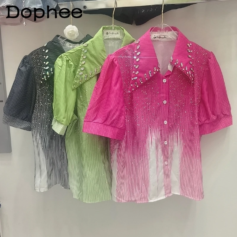 

Starry Rhinestone Tie-Dyed Gradient Color Shirt for Women 2024 Summer New Puff Short Sleeve Full Diamond Shirt Women Tops