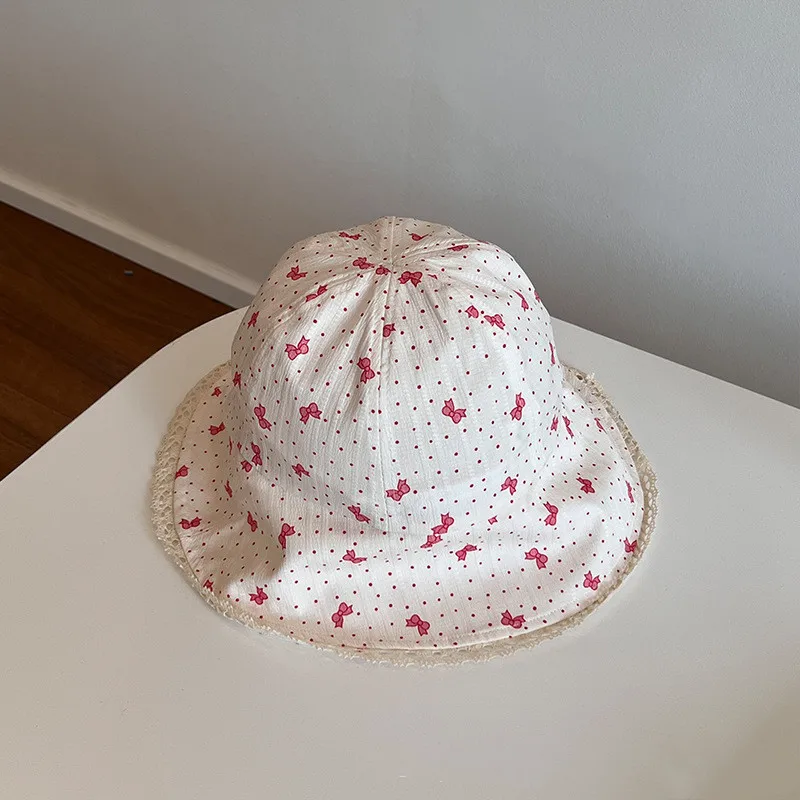 Japanese style fresh bow and lace brim fisherman hat for summer outdoor sun shading and sun protection bucket hat