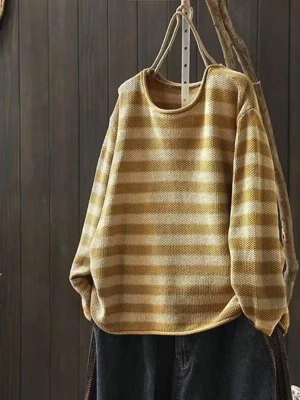 เสื้อสเวตเตอร์ถักลายทางสไตล์เรโทรทรงหลวมสำหรับผู้หญิง ฤดูใบไม้ร่วง 2025 ไซส์พลัส สีพื้น ช่วยให้ดูผอมเพรียว