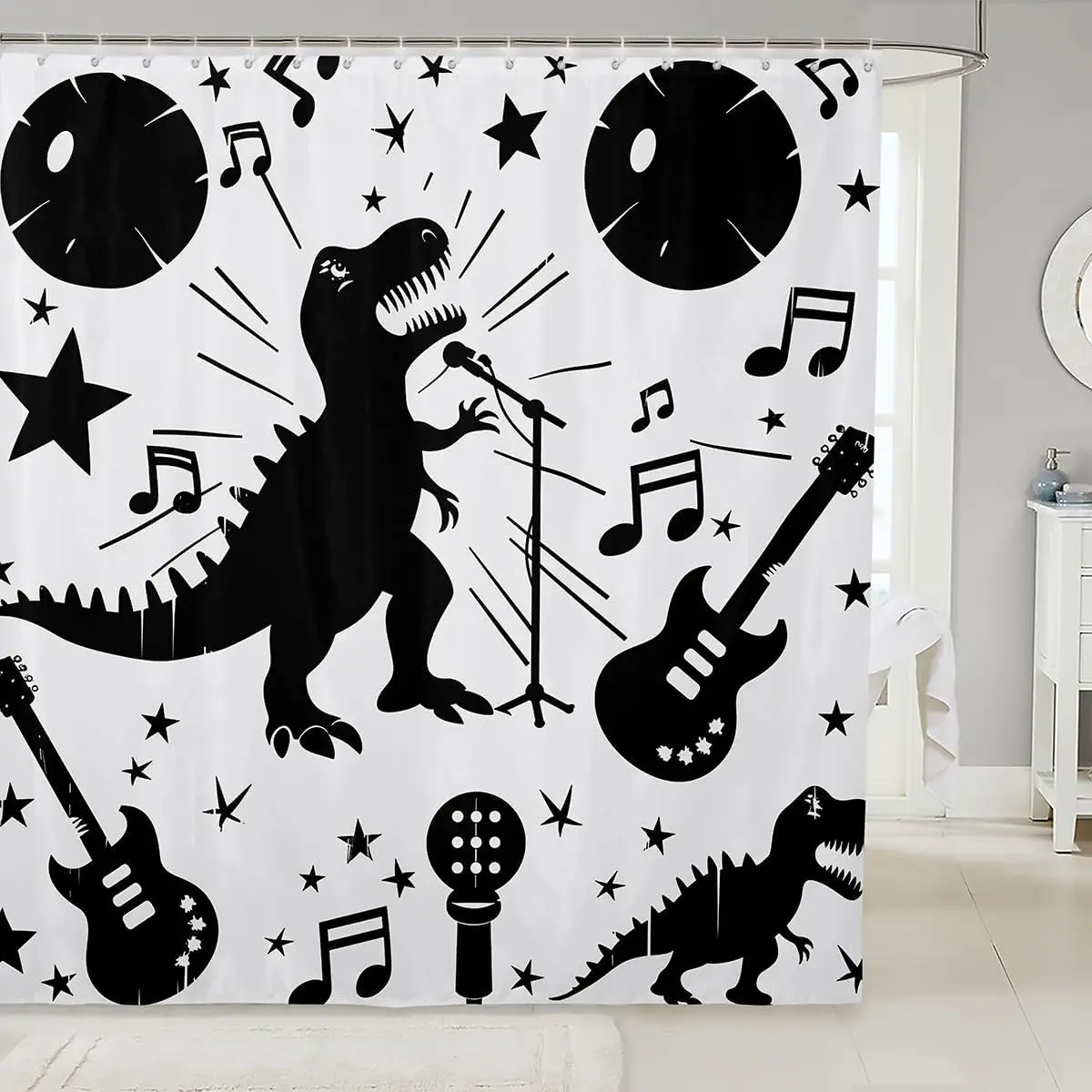 Cartoon Dinosaur Shower Curtain Rock Music Theme Bath Curtain for Kids Teen Adults,Black Guitar Hip Hop Bathroom Curtain Stars