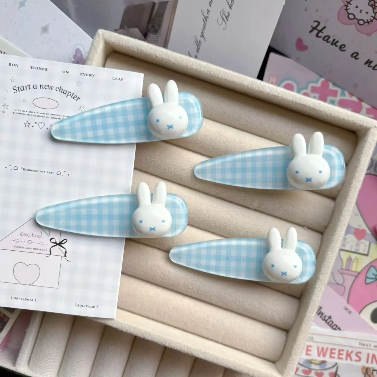 Kawaii Miffy Rabbit Hair Clip Cute Cartoon Blue Checkered Miffy Rabbit Hair Clip Sweet and Girlish Sweet Girl Hair Clip