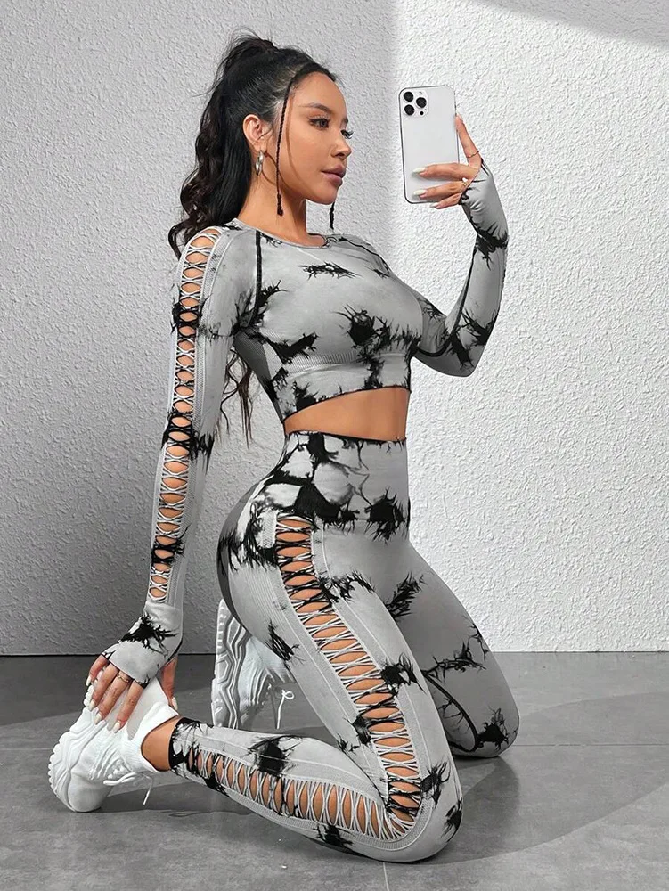 Tie Dye Yoga Suits Long Sleeves Push Up Leggings Sets Gym Fitness Clothes Hollow Out Seamless Training Sportswear Workout Sets