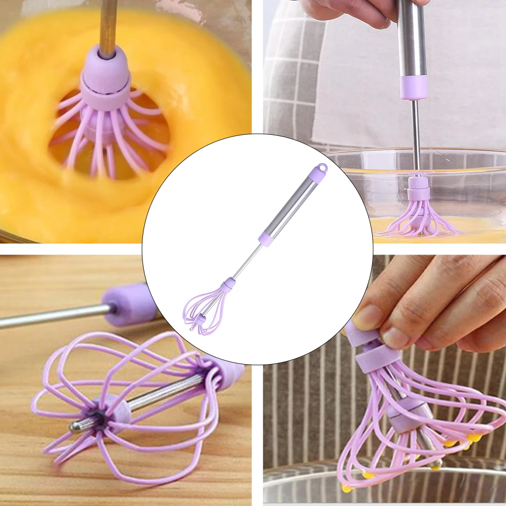 

1pc Egg Whisk Violet Coated Adjustable Rotating Silicone Semi Automatic Egg Beater Non Stick Easy Clean Kitchen Tool