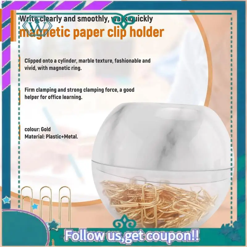 Upgraded Gold Paper Clips In Elegant Magnetic Marble White Clip Holder, 28Mm, 100 Clips Per Box