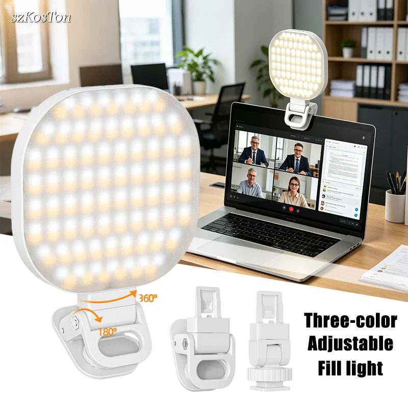 LED-Selfie-Licht, wiederaufladbar, Clip-Fill-Videolicht, 3 Modi, dimmbar, zum Anklemmen für Handy/Laptop/PC, Make-up-Video