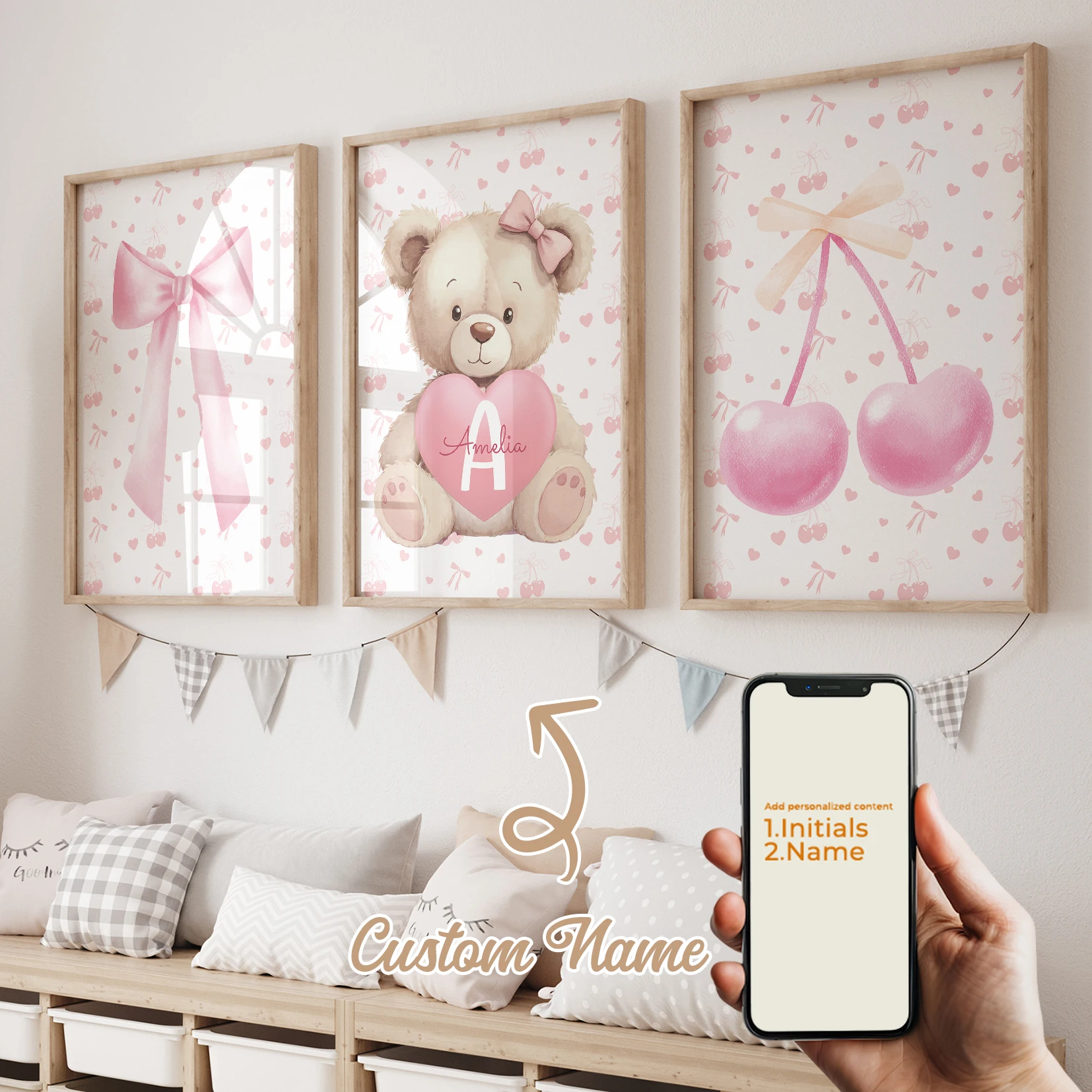 

Modern Personalized Name Custom Bow Teddy Bear Cherry Wall Art Print Canvas Painting Poster Picture For Kids Room Home Decor