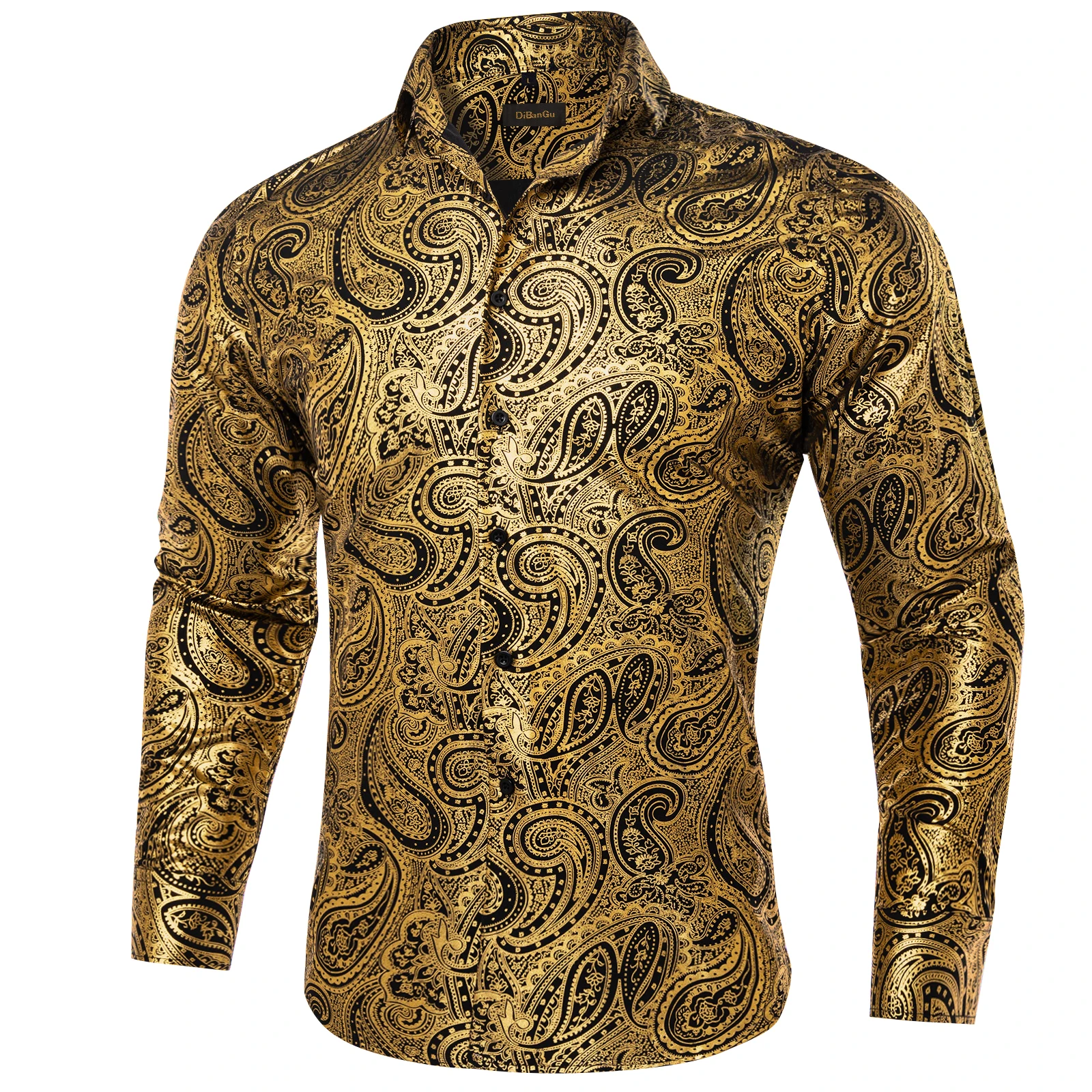 Luxury Yellow Paisley Long Sleeve Silk Shirts for Men Slim Fit Turn Down Collar Western Cowboy Dress Shirt for Wedding Prom