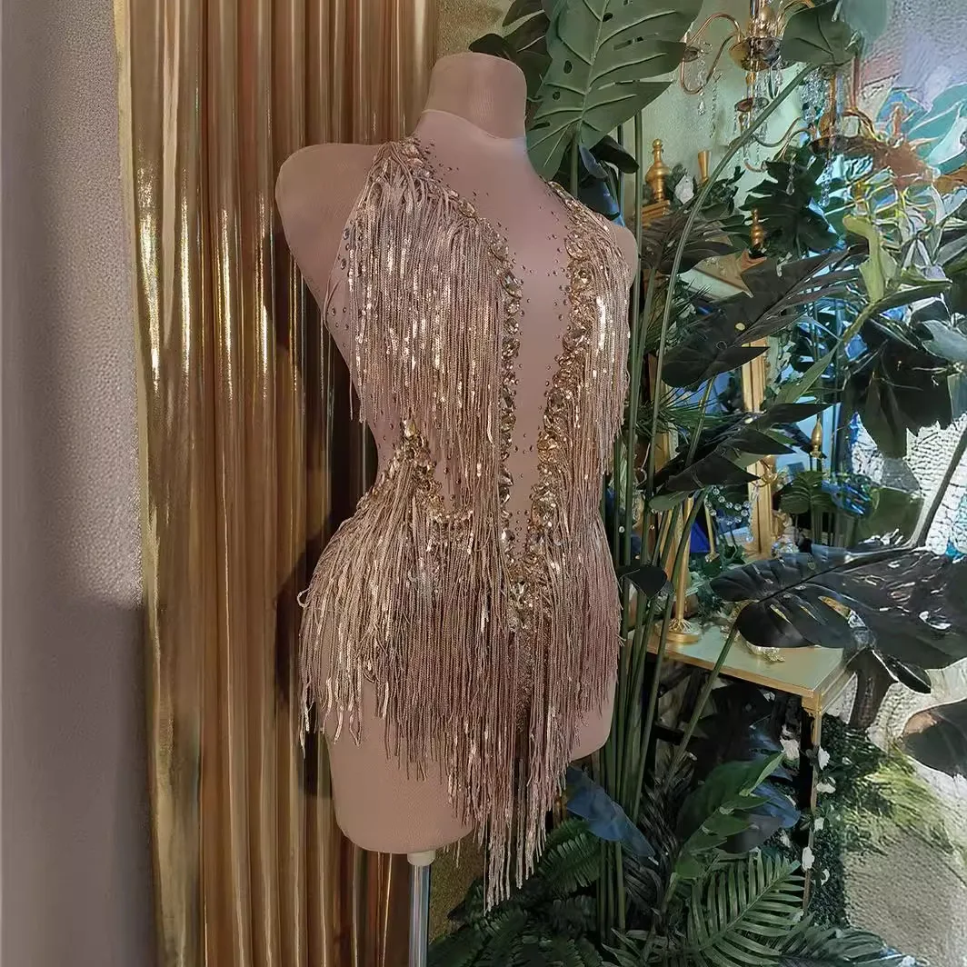Birthday clothing Diamond performance clothing New champagne sexy sparkling diamond tassel crew neck short elegant luxury even