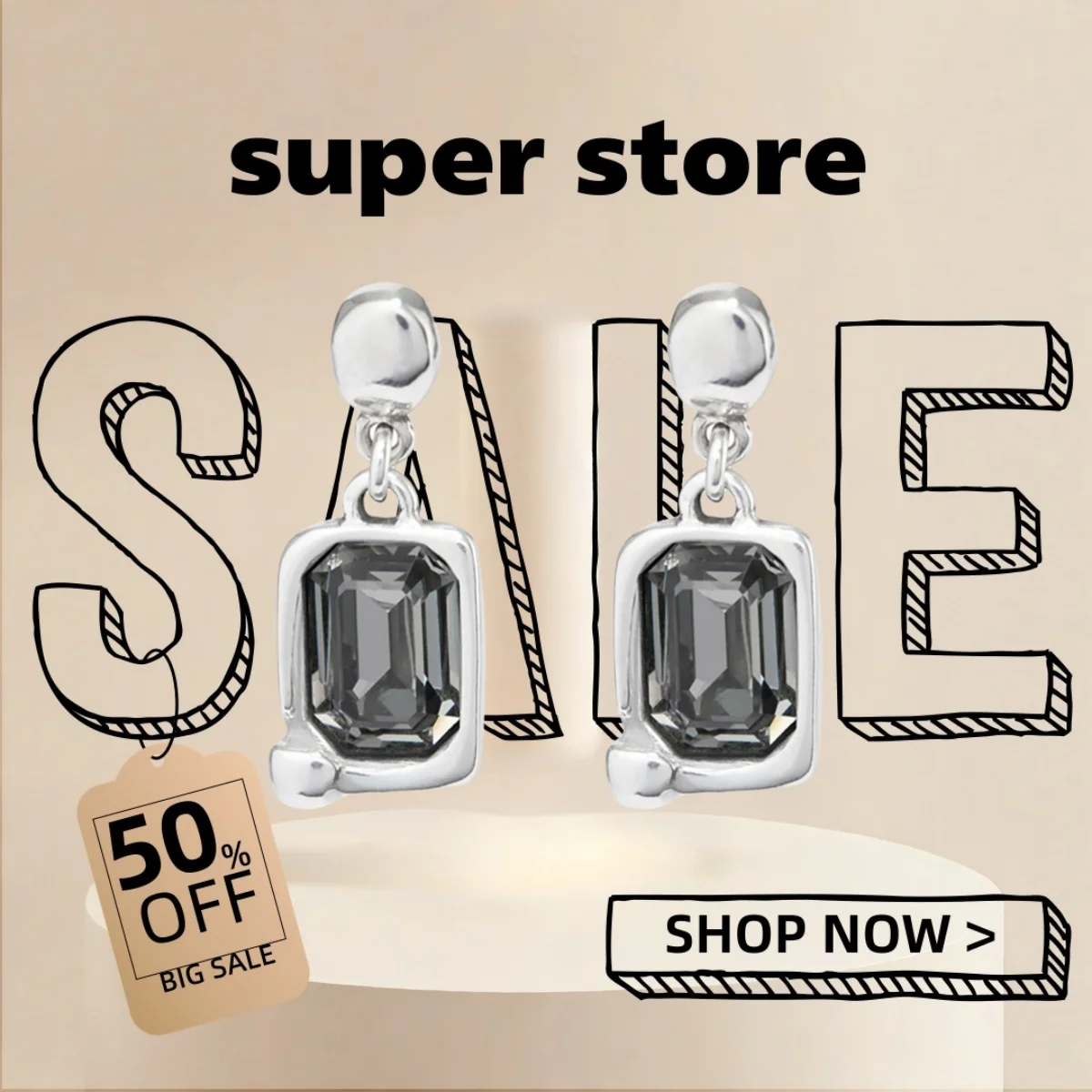 

2025 UHO Europe and America Original New Product Silvery Fashion Charm Quadrilateral Gray Crystal Earrings Women's Festival Gift