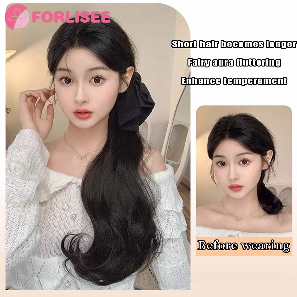 FORLISEE sintetis dasi kupu-kupu ekor kuda wanita ambil klip besar gelombang rendah rambut ekor kuda panjang ikat rambut kepang rambut keriting Wig ekor kuda