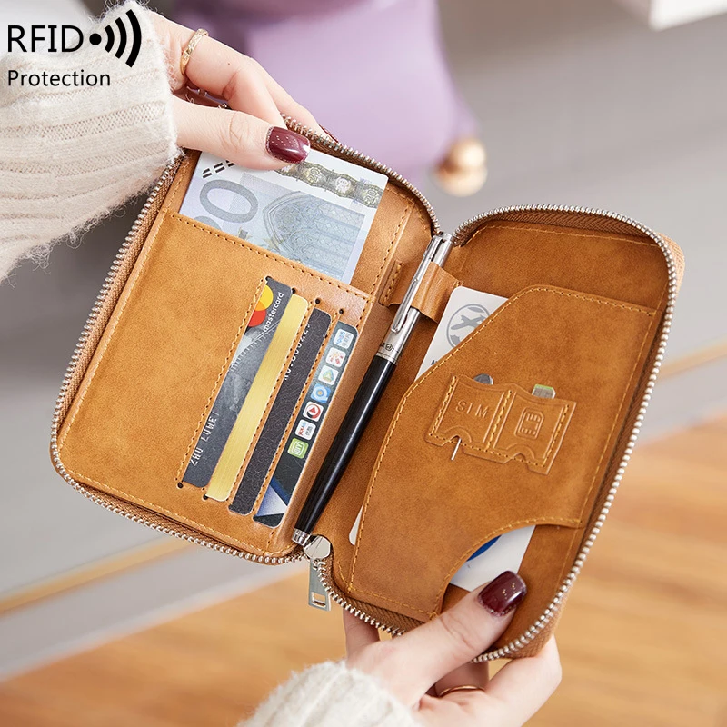 

Кошелек для паспорта из искусственной кожи с RFID-защитой, короткий, женский, с отстегивающимся ремешком на запястье, вместительный, на молнии, для мужчин