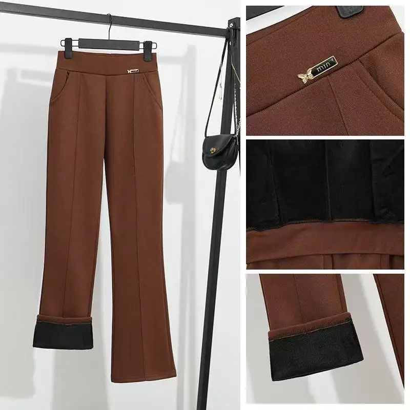 High Waist Fleece Lined Women's Slim Fit Casual Pants Spring Autumn Fashion Korean Style Micro Flared Trousers Commute Style