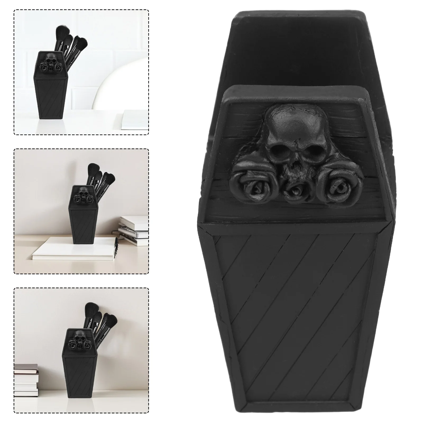 

Spooky Resin Coffin Pen Holder Gothic Skull Makeup Brushes Organizer Halloween Desk Storage Caddie Vanity Decor