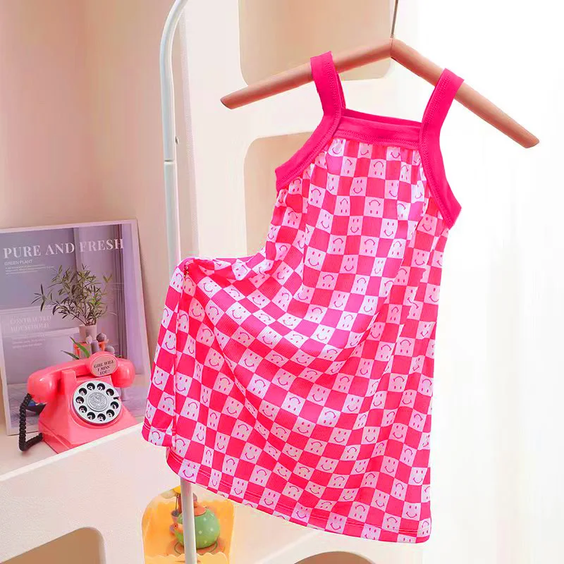 Girls' summer skirt new suspender sweet plaid neck vest skirt new French inner sleeveless dress
