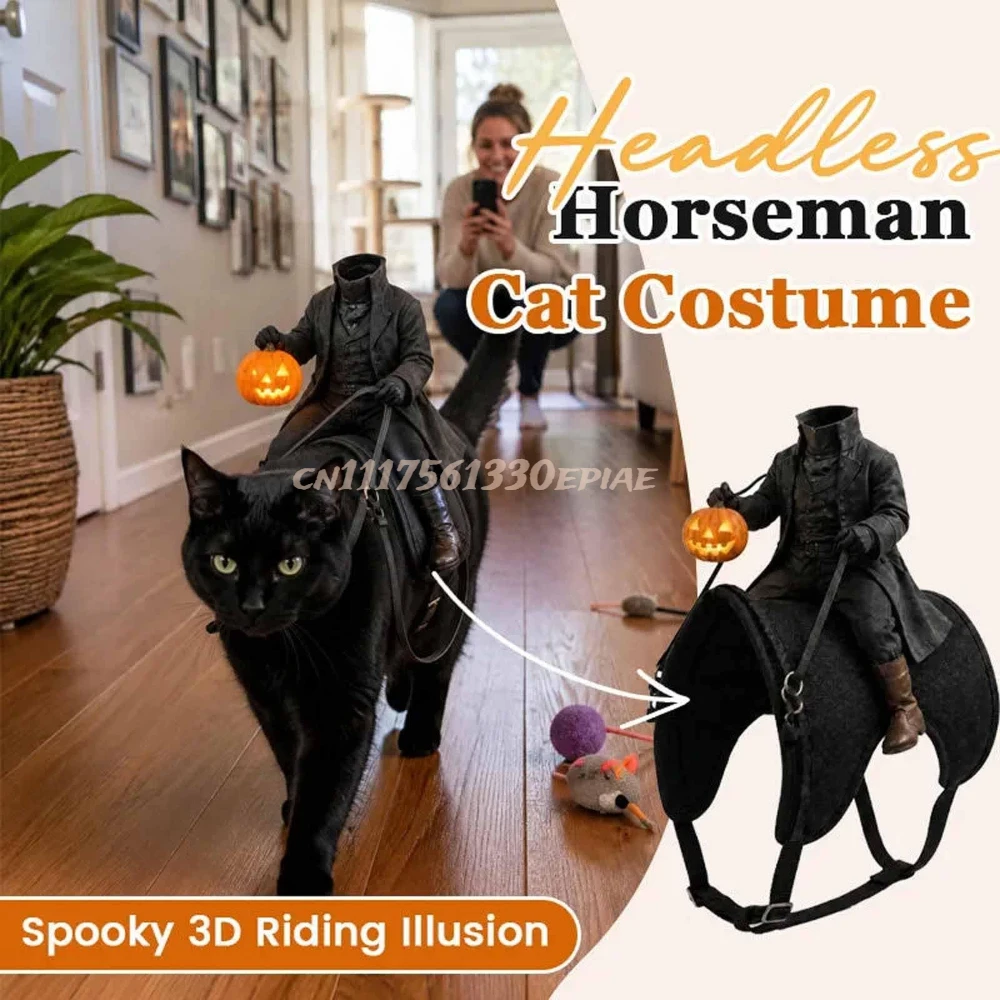 Headless Horseman Cat Costume – Spooky 3D Horse Riding Illusion,Perfect Halloween Party Pet Outfit for Small Puppy Kitty Kitten