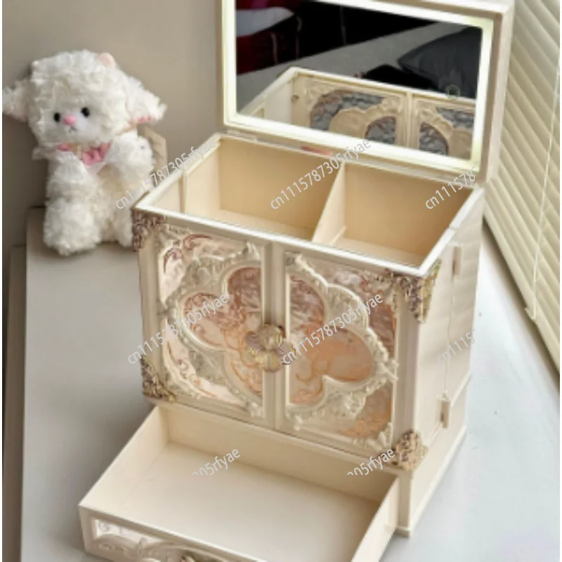 Acrylic Makeup Storage Box Large Capacity Organizer With LED 3-Color Makeup Mirror Cosmetic Holder Gift For Women Friends
