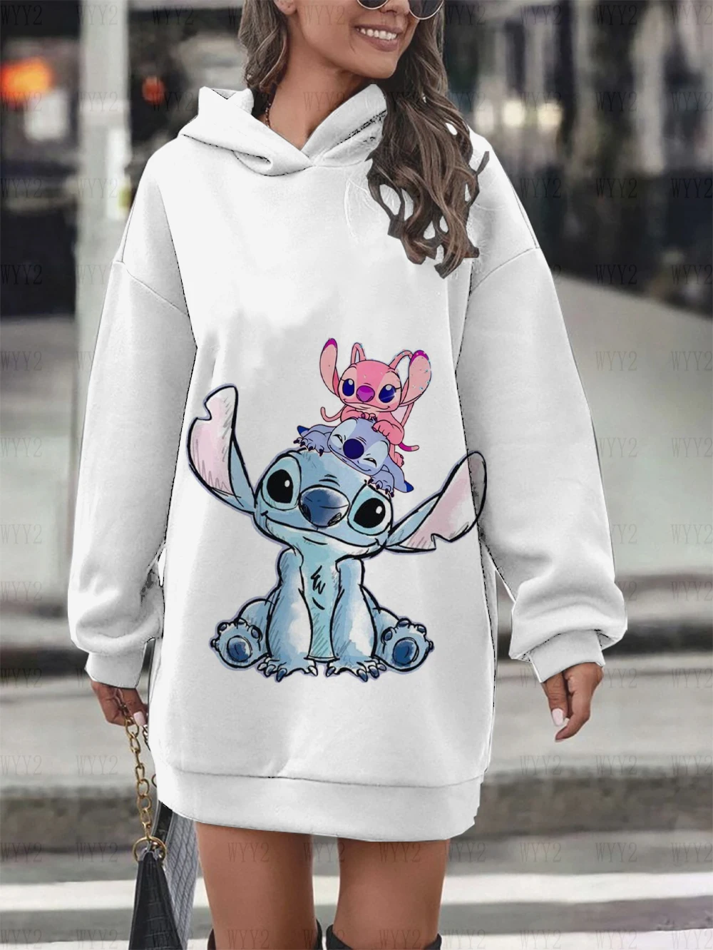 2024 Disney Stitch Damen Hoodie Pullover Kleid lässig Cartoon Print Langarm Pullover Sweatshirt Frauen Party kleid