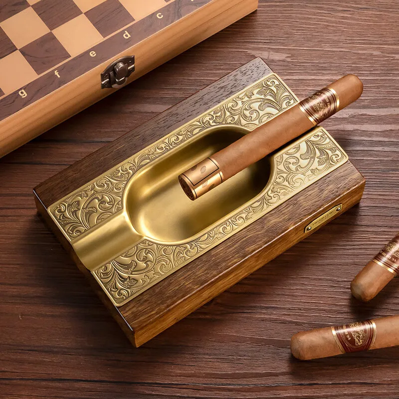Solid Wood Cigar Ashtray Large Mouth Diameter 2 Slot Bronze Color Cigarette Extinguisher Practical Cigar Accessories