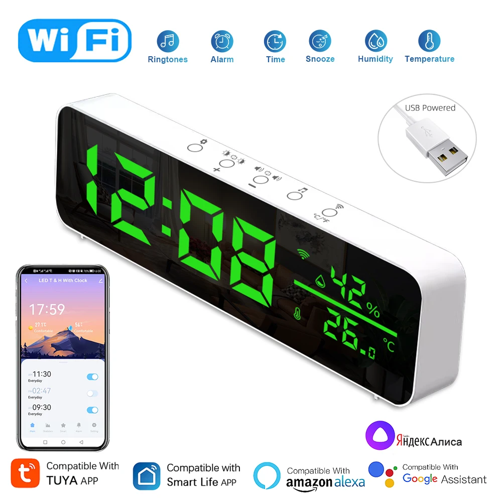 Tuya WiFi Smart Electronic Alarm Clock Temperature Humidity Sensor LED Screen Smartlife APP Control Support Alexa Google Home