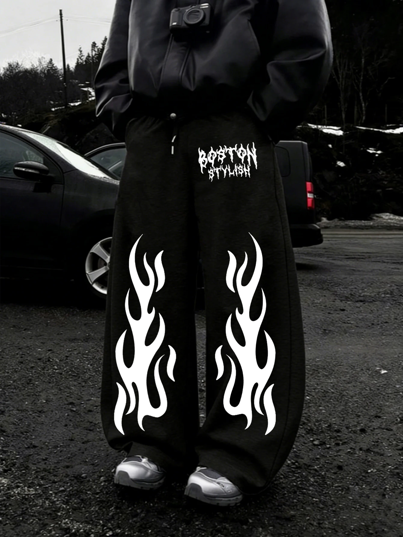 Men Y2K Dark Streetwear Sweatpants, Boston Death‑Metal Slogan & Symmetrical White Flame Double Side Print Drawstring Loose Baggy