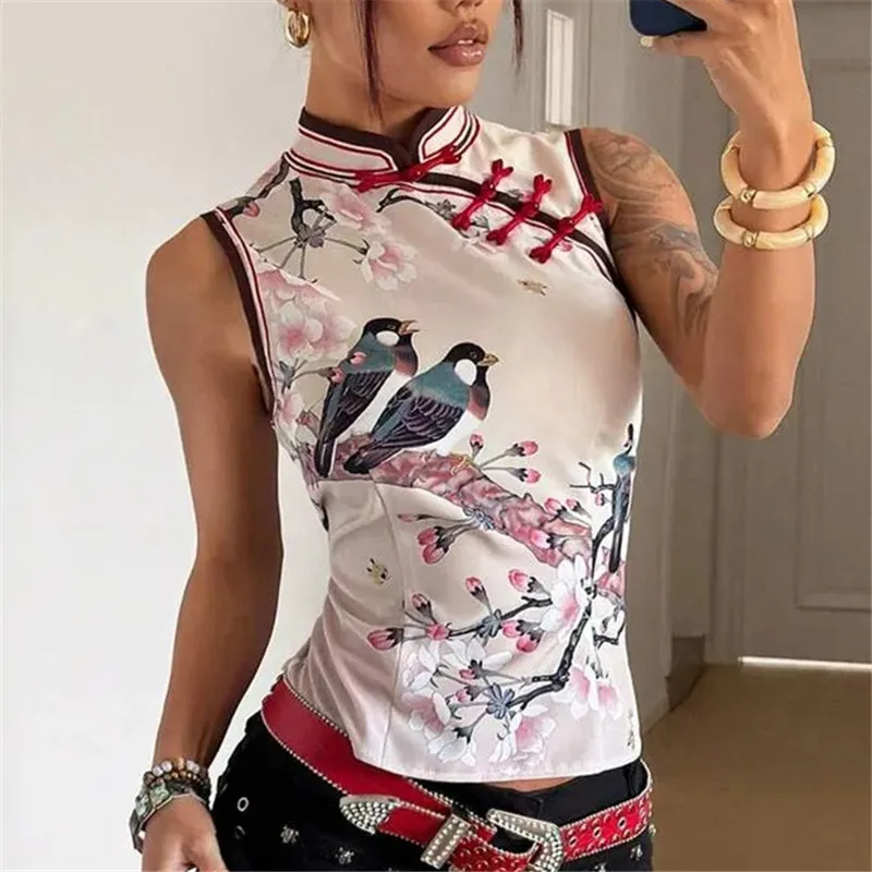 Y2K Grunge Aesthetic Cheongsam Inspired Top Women With Frog Buttons Cherry Blossom And Bird Print Fitted Sleeveless Blouse
