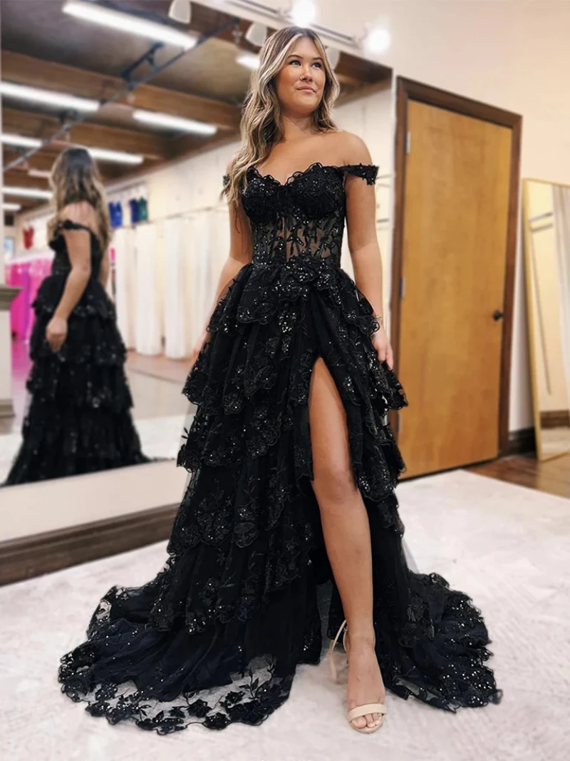 Luxury Black Prom Dresses Lace Appliques Slit Gala Formal Evening Gown For Women\'s Tiered Sequin Long Party Dresses See Through