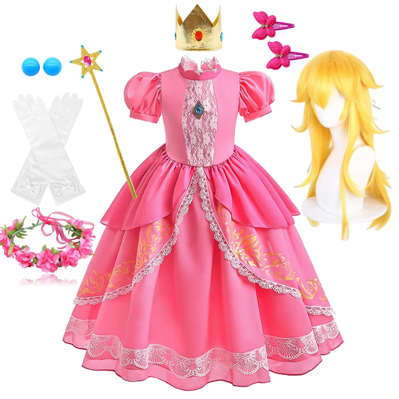 Peach Kids Girls Elegant Rose Pink Clothes Lace Fancy Puff Sleeves Princess Dress Version Patchwork Children Disguise Outfits