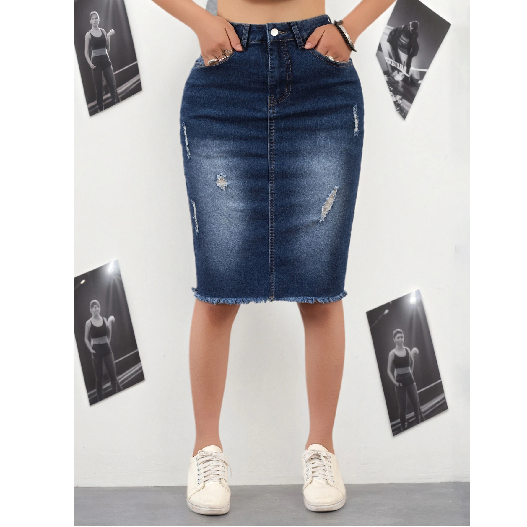 Women's Deep Blue Casual Versatile Tear Hem Denim Skirt Mid-Length Wrap Around Spring Summer Autumn Suitable for Casual