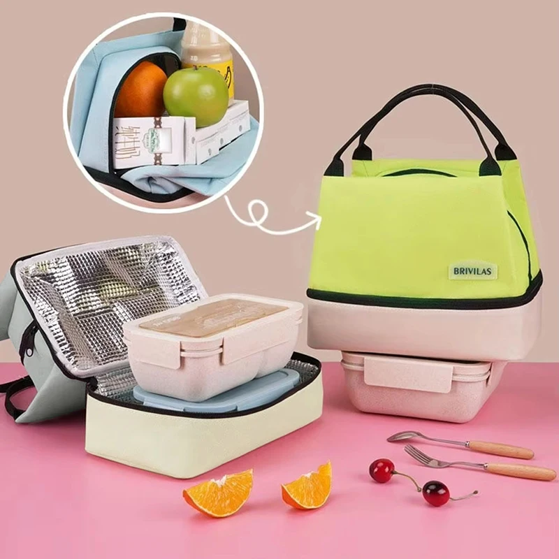 

Двухслойная термоизолированная сумка-ланчбокс с ручкой и ремнем, портативная сумка для еды для женщин, для работы, учебы, ланч-бокс для студентов.