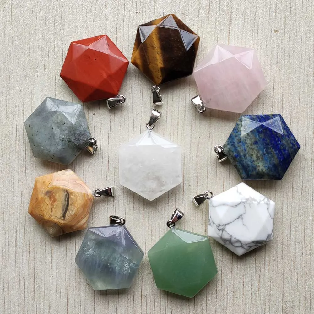 

Natural stone good quality faceted mixed hexagon pendants for jewelry accessories making wholesale 10pcs/lot free shipping