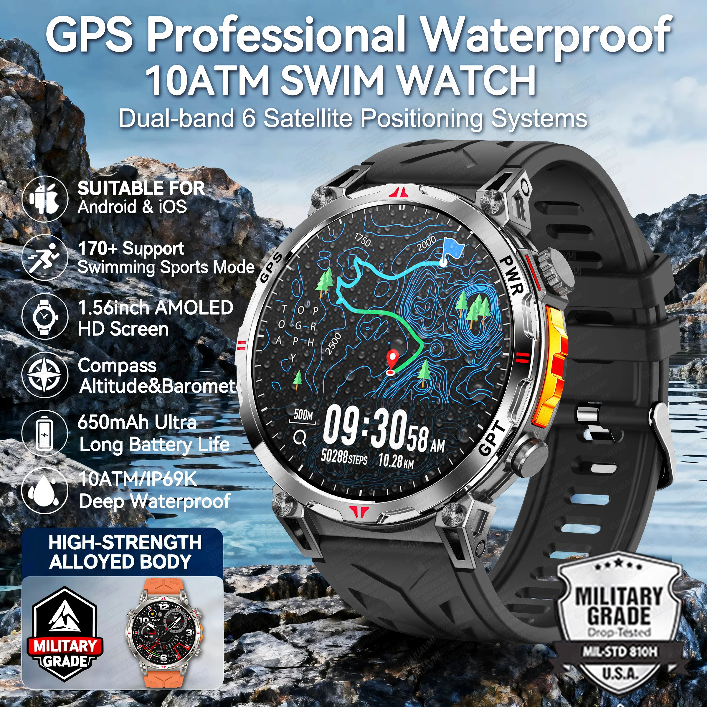 

2025 T-REX3 оригинальные военные GPS-позиции 1,56 "Сумные часы для мужчин 10 АТМ водонепроницаемый компас 650 мАч Bluetooth вызов плавание умные часы