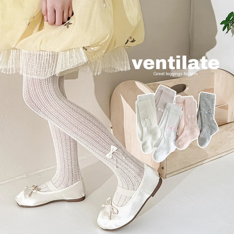 Kids Summer Ice Silk Mesh Footed Tights With Tassel Beaded Satin Bow Breathable Cool Light Soft Stretchy Elastic Waist Pantyhose