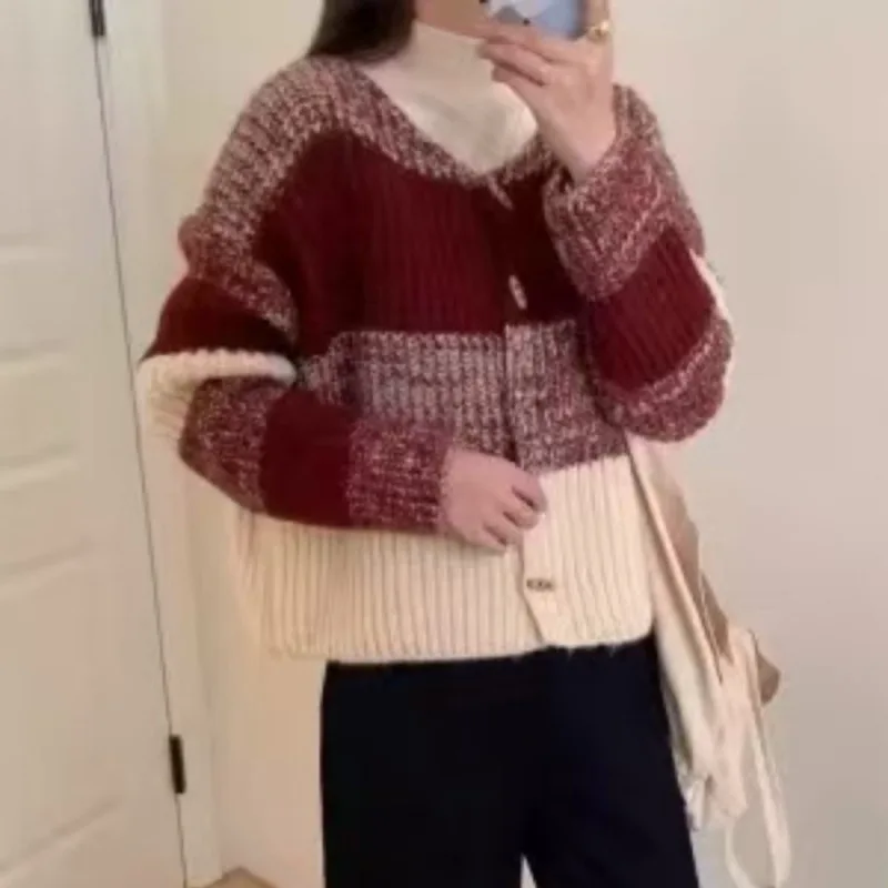 

Женский полосатый вязаный кардиган, новый ретро, нежный стиль, контрастный дизайн, весна-осень, новый свободный универсальный однобортный свитер