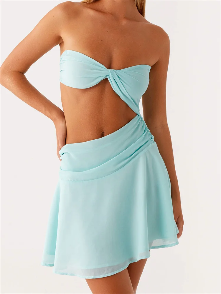 CHRONSTYLE Abito tubino senza spalline da donna estivo casual con ritaglio in vita mini abito increspato senza schienale per cocktail party beach streetwear