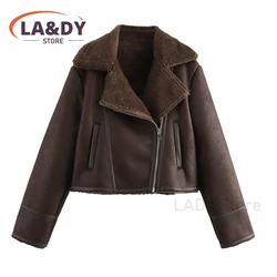 2024 New Autumn Winter Women Fashion Reversible Short Faux leather Jacket Female Casual Brown Long Sleeve Zip Coats Top