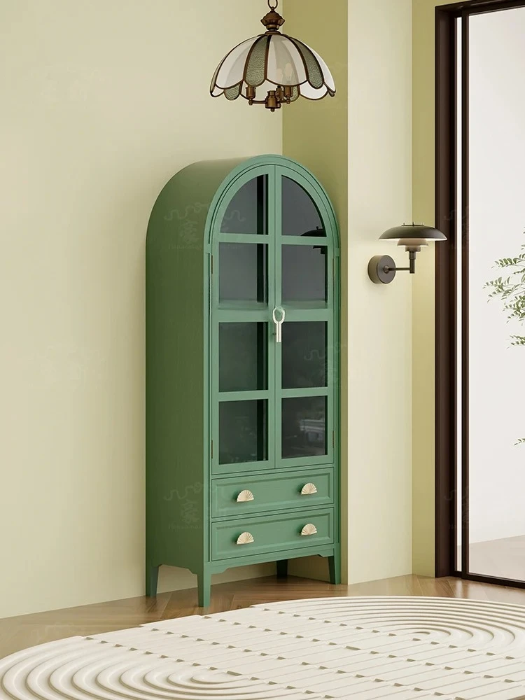 American retro bookcase arched dust-proof glass door high cabinet, floor-to-ceiling household green  solid wood