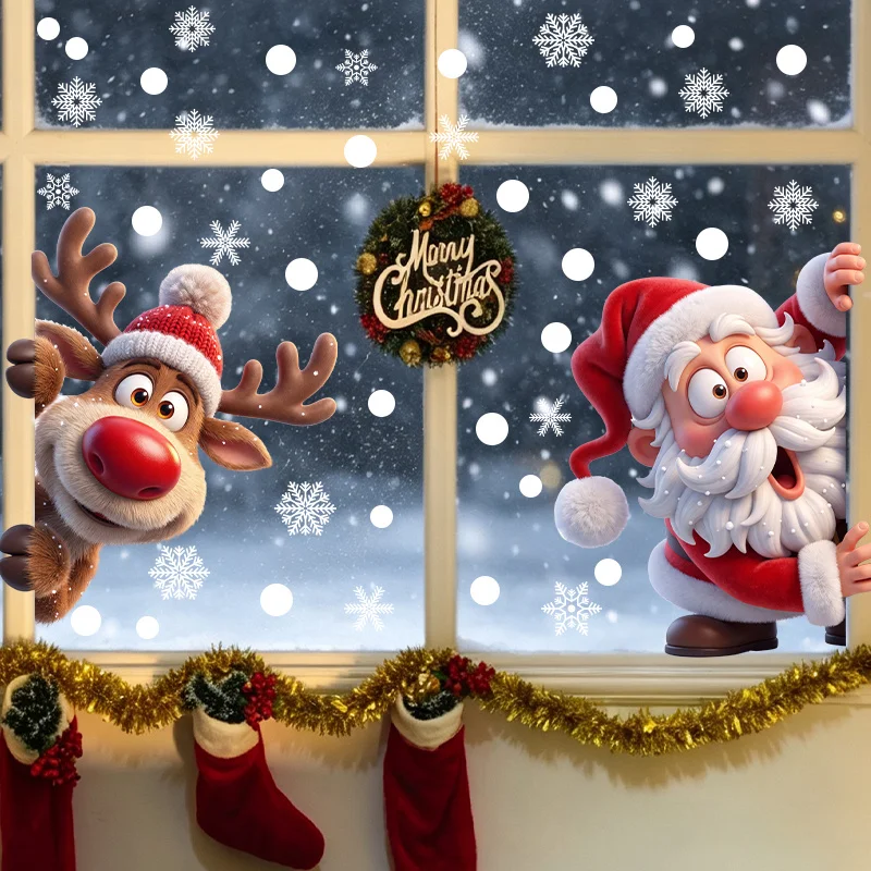 Santa Reindeer Christmas Wreath Window Cling, Double-Sided Static Removable Decal for Home Kitchen Glass Holiday Decor
