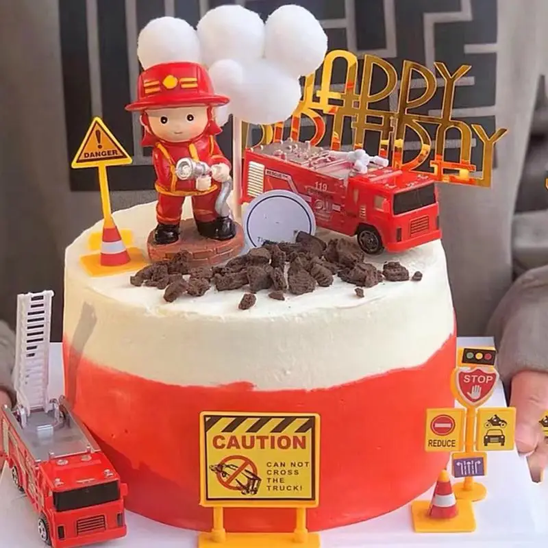 Fire Ladder Truck Water Tank Cake Topper Fireman kid 1st One Year Birthday Party Firefighter Hero Themed Birthday Boy Cake Decor