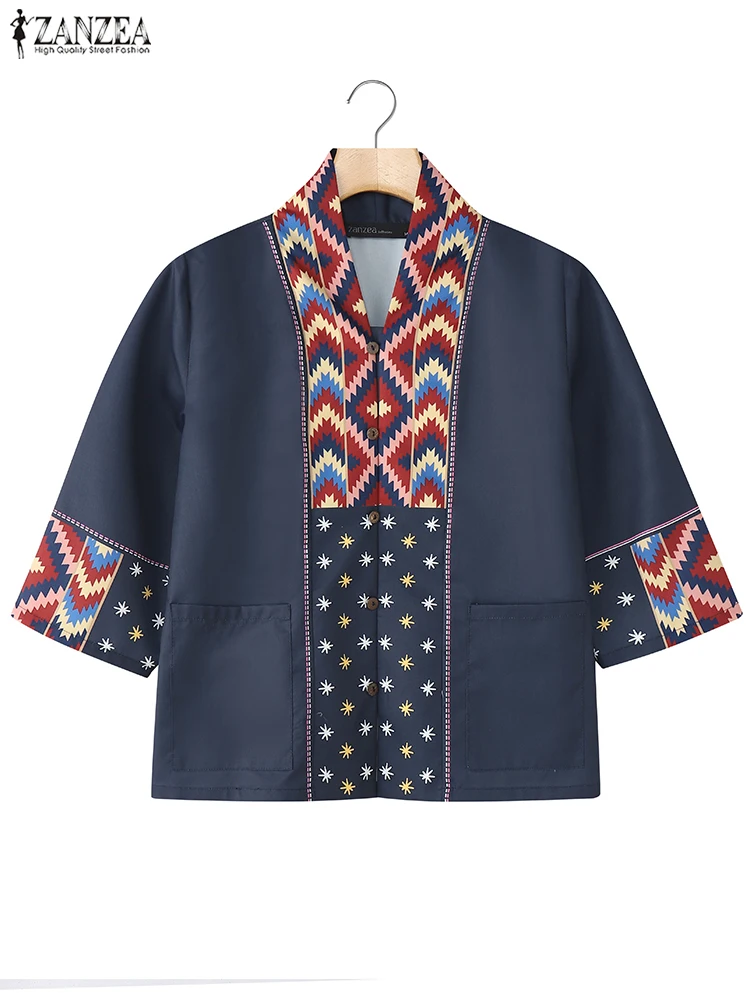 Vintage Patchwork Shirts Vrouwen Tops ZANZEA 2025 Herfst 3/4 Mouw Grote Zakken Mode Tuniek Casual Losse V-hals Tops Blusas