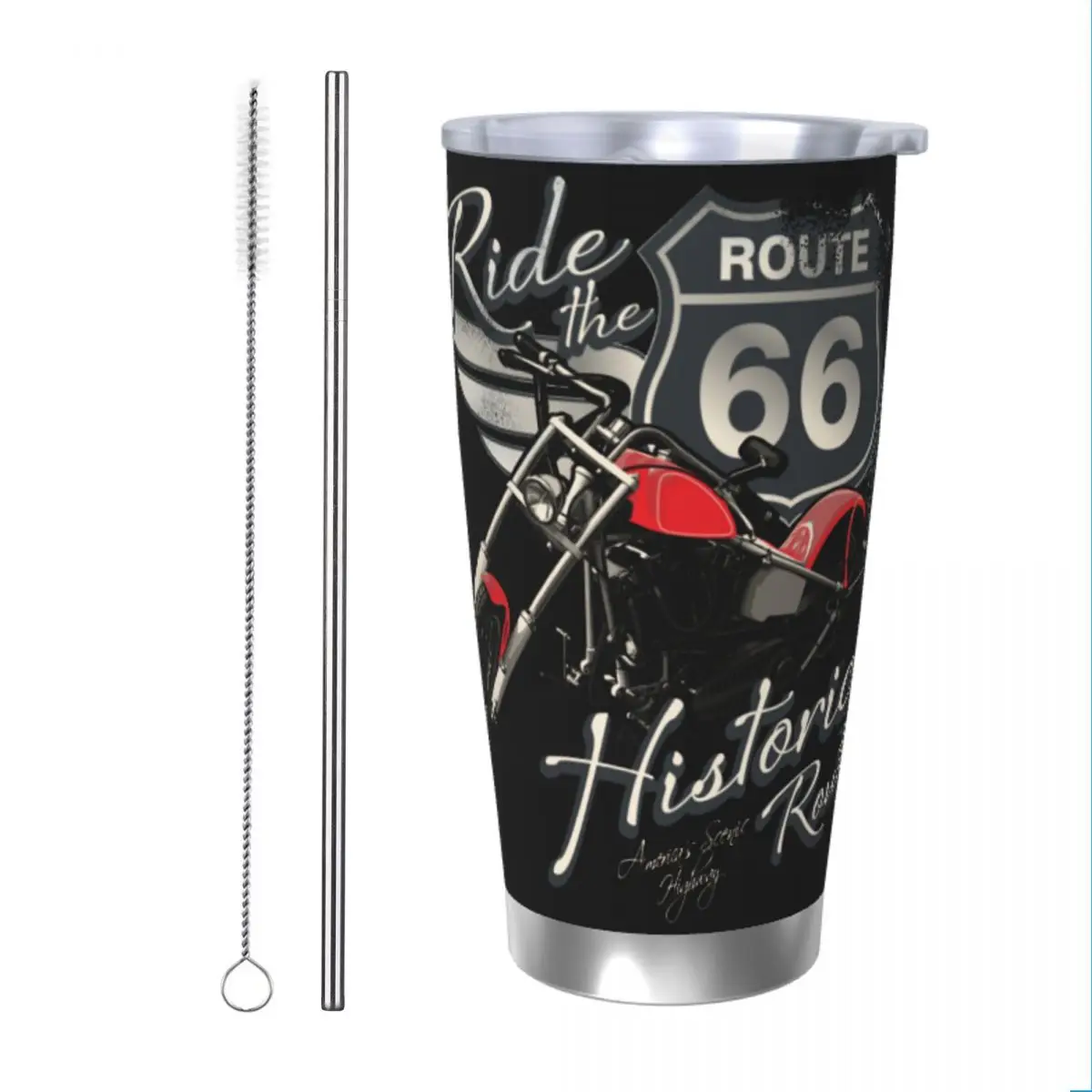 Travel Motorcycle Ride Route 66 Insulated Tumbler with Lid Mother Road American Oldschool Vacuum Thermal Mug Hot Cold Drinks Cup