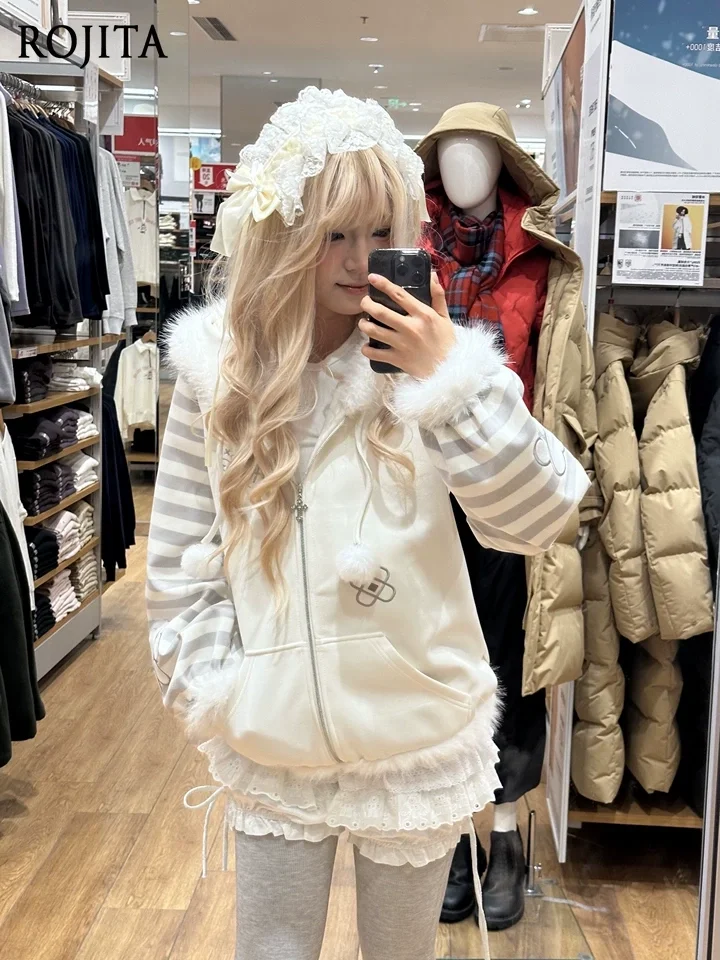 

Girl's Cute Gray Homebody Cat Winter Gray and White Striped Hooded Jacket for Women White Cake Skirt Sold Separately