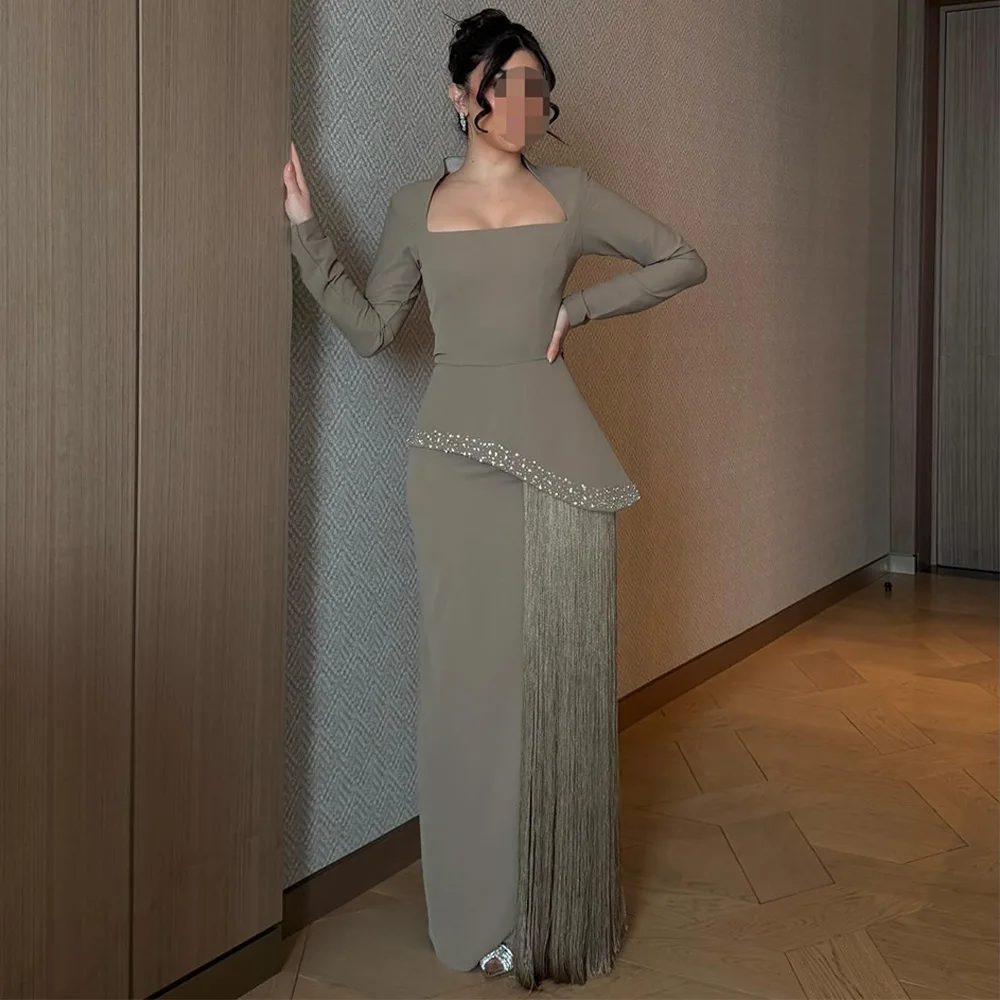 

Fashion Square Collar Long Sleeves Evening Dress Customized Crystal Mermaid Sweep Train Party Dress Delicate Tassel Prom Dress