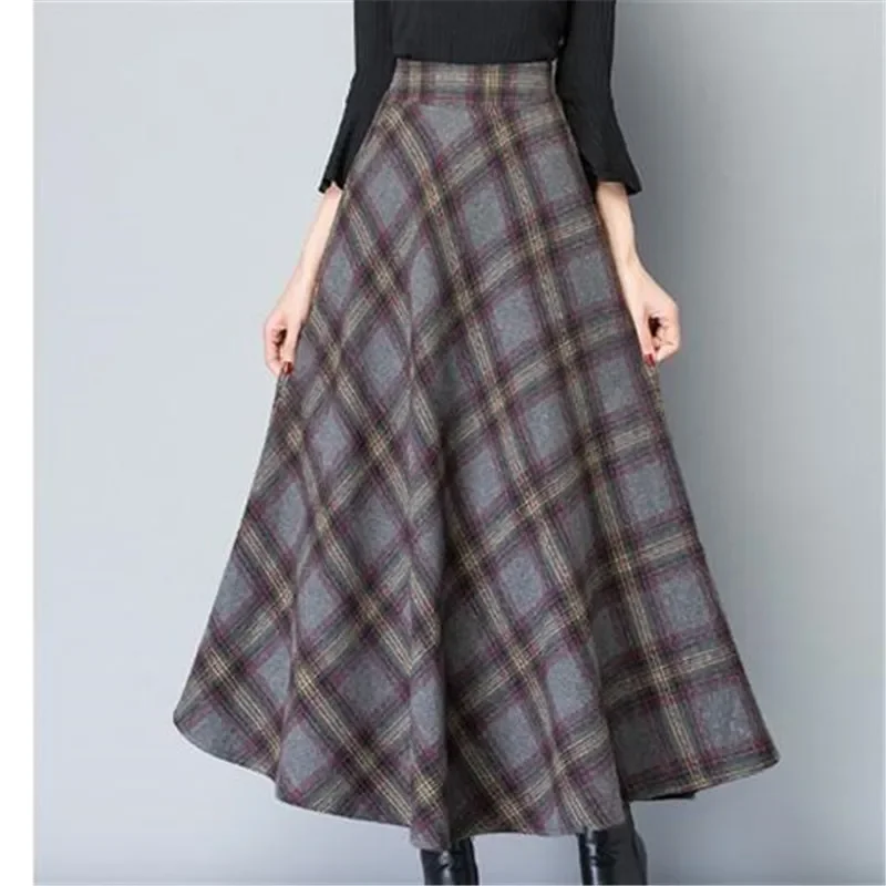 Mãe cintura alta saias xadrez de lã 2022 outono inverno feminino 3xl lã maxi saias moda feminina casual longo streetwear