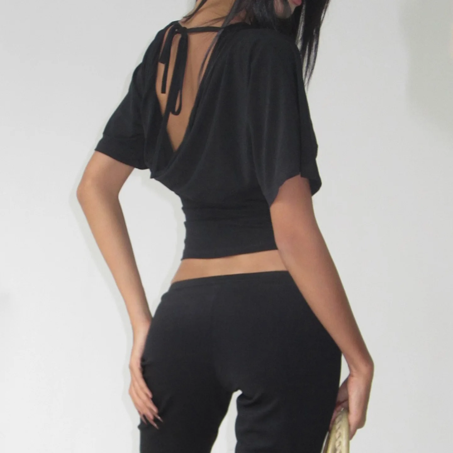Women's Sexy Deep V Lace Spliced Tie Waist Half Sleeve Slim Crop Tee